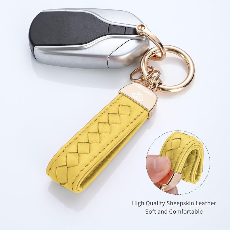 Hamdecro Store Genuine Leather Keychains, Handmade Knit Sheepskin Car Key chains for Women, Universal Key Fob Holder with 360 Degree Rotatable, Anti-Lost D-Ring, 2 Keyrings and 1 Screwdriver-Yellow - Image 2